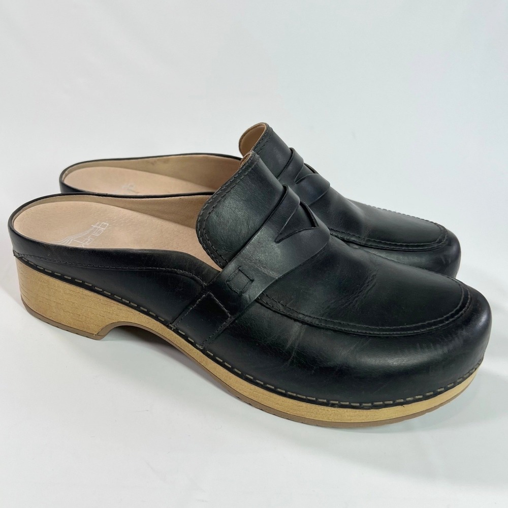 Dansko Bel Black Oiled Leather Penny Loafer Clogs Slip-On Mules Size EU 42 Work